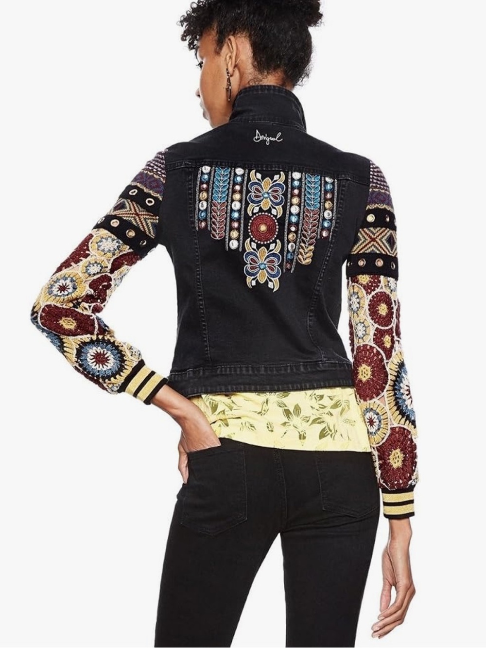 Desigual Alessia Crochet Sleeve Embroidered Denim Jacket • festival • sz 38/us 6